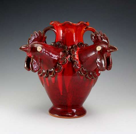 AV-Smith-Pottery-#6-Double-Red-Rooster-Vase Red twin rooster head vase - AV Smith