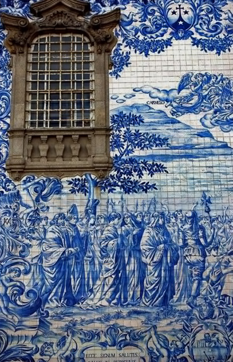 Azulejo-chapel-wall-decoration-Porto Azulejo---a-form-of-Portuguese-painted,-tin-glazed,-ceramic-tilework-and-have-been-produced-for-five-centuries