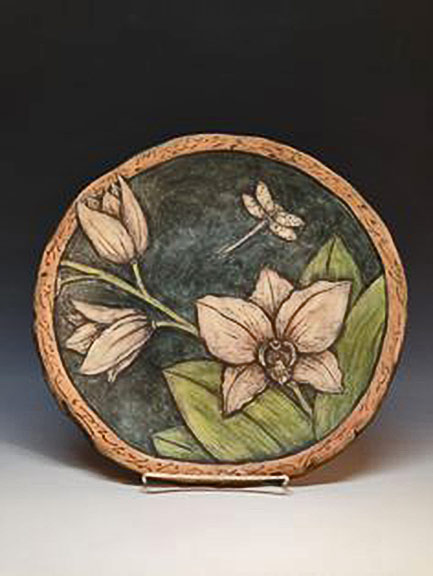 Babette-Harvey--ceramic-plate Babette-Harvey--ceramic-plate with dragonfly and flowers