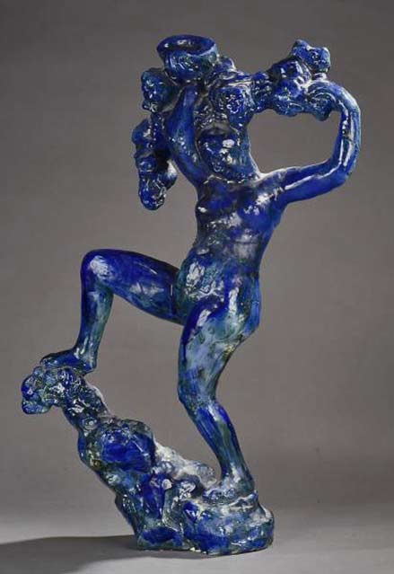 Bacchante-with-grapes-tribute-to-Bourdelle-Jean-mayodon Blue statue of Bacchante with grapes' - a tribute to Bourdelle by Jean Mayodon