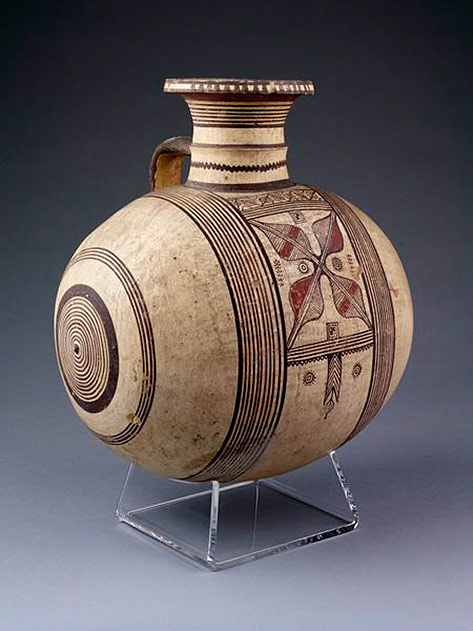 Barrel-shaped-Cyprus--jar-with-one-handle,-earthenware Barrel shaped-jar with one handle,-earthenware,-wheel-thrown-and-painted-in-black-and-red-on-a-buff-coloured-slip,-Cyprus,-ca.-750-600-BC.