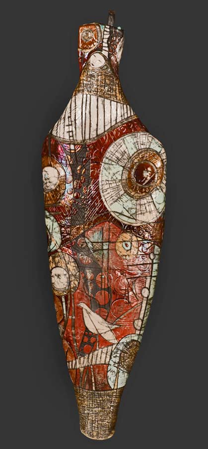 Tanya-Tyree-large-floor-vase Beauty-of-UncertaintySmall - Tanya-Tyree-35-long-Hand-built-with-slabs,-incised-with-abstract-drawings,-brush-glazed-with-copper-and-colored-glazes