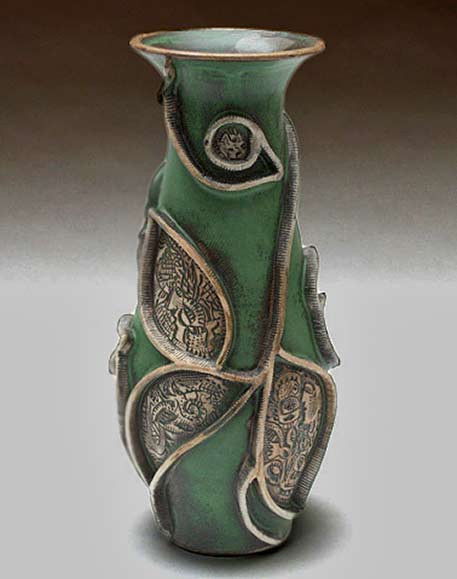 joanne-jaffe-ceramic-vase raised relief bering-straits-viii-joanne-jaffe in green
