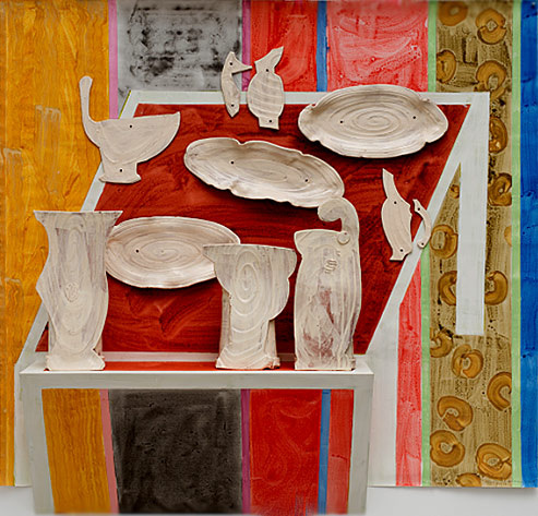 Betty-Woodman-Piattaia,-2014,-glazed-earthenware,-epoxy-resin,-lacquer,-paint,-canvas,-wood,-65-x-60-x-12-inches BETTY WOODMAN Piattaia,-2014,-glazed-earthenware