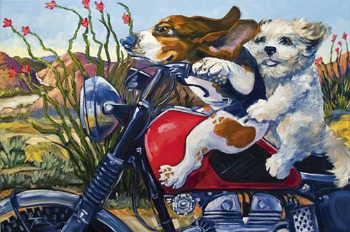 2-dogs-riding-motorbike-Connie-Townsend Painting - Biking-the-Bloomin'-Desert-by-Connie-Townsend