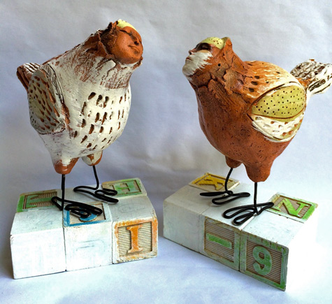 laura-balombini-bird-folk-475x435 Bird-Folk by Laura Balombini - two earthenware birds with wire legs