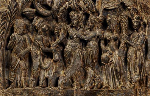 birth-of-buddha-slate-relief Birth of Buddha in Lumbini Sahri Bahlol, 2nd-3rd Century AD. Slate