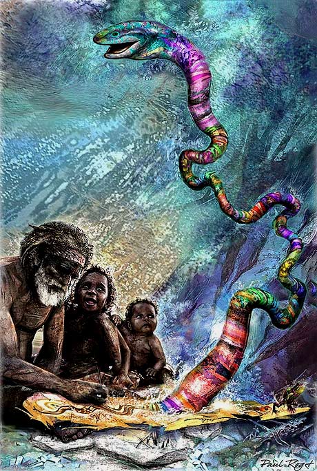 Birth-of-Rainbow-Serpent-by-paul-roget painting of the Rainbow Serpent with aboriginals of Australia