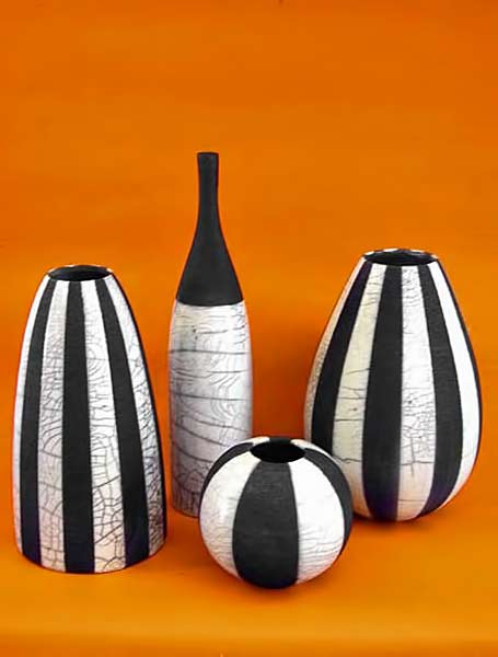 Italian-raku-vessels Black-and-white-striped-raku-pots Bubani artee raku