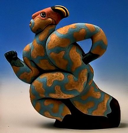 Blue-and-Yellow-Running-Man---Tony-Bennett Blue-and-Yellow-Running-Man ceramic teapot sculpture---Tony-Bennett