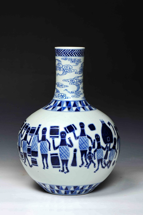 chinese-artist-zhou-xiaoping-475x713 Blue-and-White-Bottle-Vasewith-design-from-painting-by-John-Bulunbulun37cm