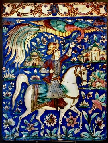 danielle-adjoubel -iznik-ceramic-tile blue-horseman-danielle-adjoubel - iznik style ceramic tile with man riding a white horse and a phoenix