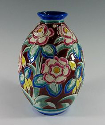 Charles-Catteau-vase Boch-Frères-Kéramis-ceramic-vase-by-Charles-Catteau-with-hand-painted-floral-decoration-in-bright-blue,-green,-yellow,-red,-and-fuchsia,-ca