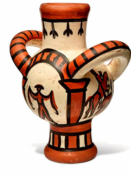 Bosé-and-the-ceramics-of-Picasso Picasso-Madoura-large handled vase with bullfight motif