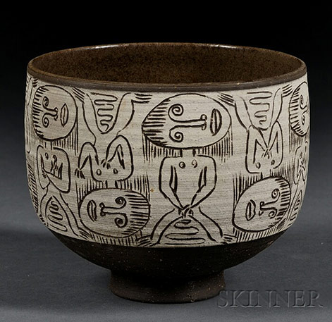 Bowl-with-sgraffito-by-Edwin-and-Mary-Scheier Bowl with sgraffito or brushed decoration over slip, by Edwin and Mary Scheier