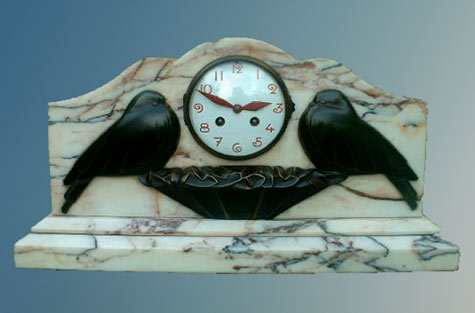 Bronze-Dove-Clock - Bronze and marble twin doves mantle clock