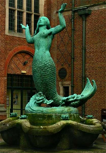 Bronze-mermaid-fountain,-University-of-Birmingham,-England Light green coloured Bronze mermaid fountain, University of Birmingham, England