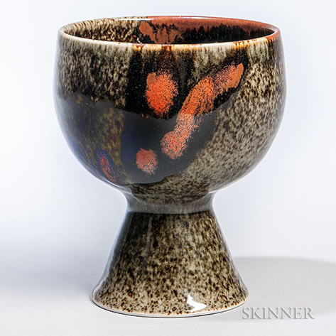 Brother-Thomas--celadon-chalice-with-kaki-and-iron-oxide-glaze,-ht.-6-38-in Brother Thomas Bezanson (1929-2007) ChaliceDark green celadon chalice with kaki and iron oxide glaze, ht. 6 38 in