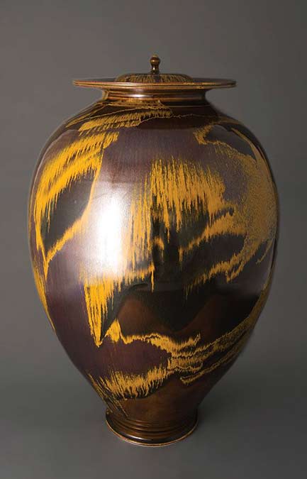 Brother-Thomas,-large-vase Brother-Thomas,-large-vase-with-2-covers,-iron-yellow-glaze,-porcelain