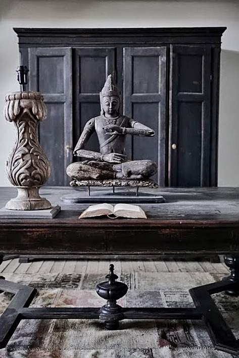 seated-Buddha-sculpture Buddha-statue-mudra-pose and large ceramic lamp base