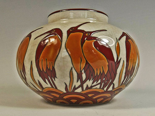 french art deco porcelain stork vase Bulbous french art deco porcelain red & orange stork vase