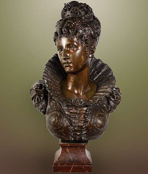 Vincent-Désire-Fauré-de-Broussé bust-in-brown-patina-bronze-representing-a-queen-renaissance