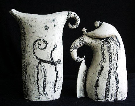 butterfly-catchers-figurines-471x371 butterfly catchers 50cmMade from white earthenware clay.Coiled,scratched design, blackstain, burnished.Fired to 1080 degrees C.