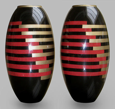 art-deco-vases-jean-dunand-475x450 Pair of Art Deco lacquered metal vases in black, red and gold geometric patterns