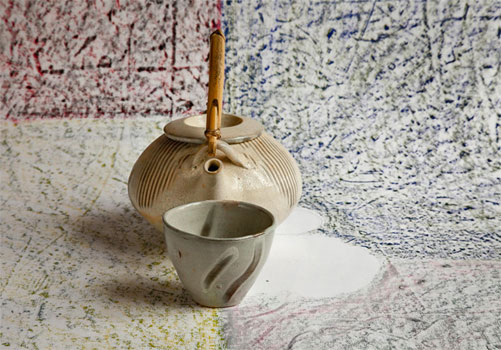 Catherine-White-pottery-mixed-madia Catherine-White---2008-Winter-Solstice teapot and cup on hand painted paper