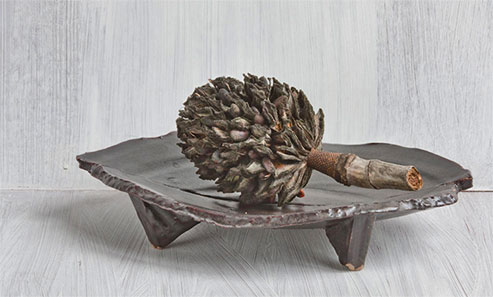Catherine-White-ceramic-platter Catherine-White---2009-Winter-Solstice---Chinese-Magnolia-Seed-Pod on a footed ceramic platter
