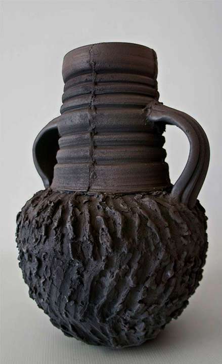 cecilia-robinson-black ceramic-vase cecilia-robinson-black ceramic-vase, twin handles, ribbed and wavy textures