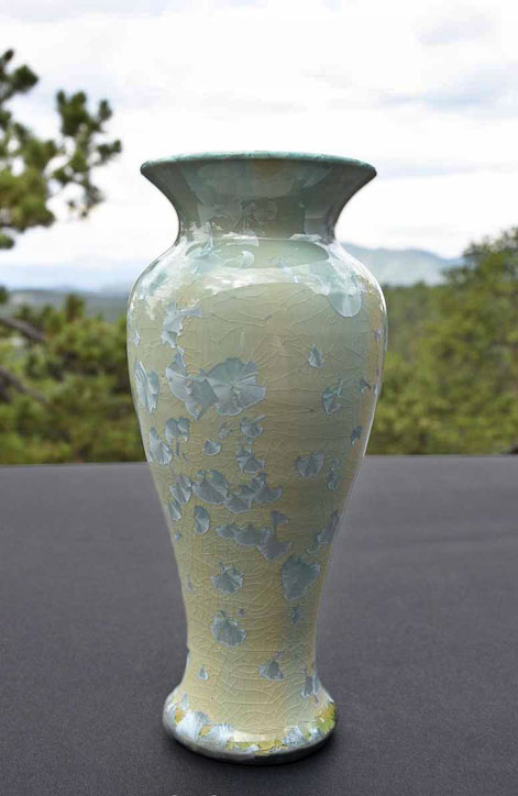 crystalline glaze-vase-Uwharrie-pottery CELERY,-YELLOW-WITH-LIGHT-BLUE-CRYSTALS-CRYSTALLINE-GLAZE-VASE-8inchesUwharrie Crystalline Pottery