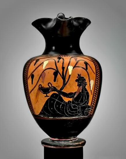 Ceramic-black-figure-oinochoe-depicting-Dionysus Ceramic black-figure oinochoe depicting Dionysus. Workshop of the Athena Painter. Greek. Late Archaic Period, c. 500 - 490 B.C. - Museum of Fine Arts, Boston