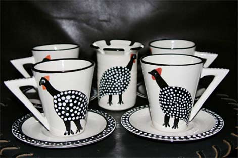 ceramic-tea-coffee-set-guinea-fowl- ceramic-tea-coffee-set-guinea-fowl-design-spoon-caddy-9-pc-handcrafted-cultures-international-from-africa