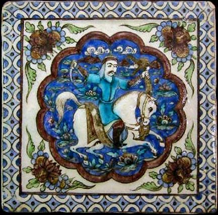 man-riding-horse-persian-tile ceramic-tiles-persian-azulejos horseman on white horse