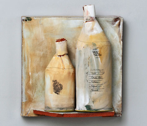 Nancy-Selvin-ceramic-sculptures Ceramic bottles and wall shelf by Nancy Selvin