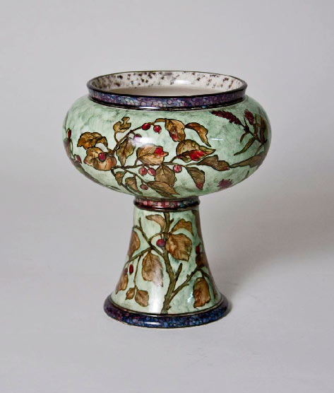 chalice-shaped-ceramic-vase-by-John-Bennett-with-floral-design-featuring-a-butterfly,-signed Chalice shaped ceramic vase by John Bennett with floral design featuring a butterfly, signed.