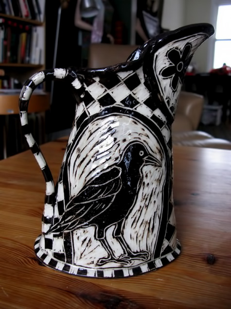 Chandler-Swain-ceramic-jug Chandler-Swain - black and white glazed black bird pitcher with chequered background