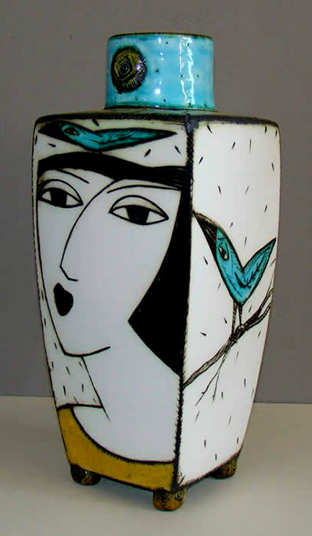 Charmaine-Haines-South-Africa Charmaine-Haines female face and bird motif vase-South-Africa
