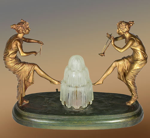 Deco-Figural-Dancing-Ladies-Lamp Charming-Art-Deco-Signed-Figural-Dancing-Ladies-Lamp-with-Original-Flame-Shade
