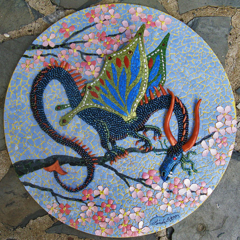 Linda-Biggers-mixed-media-mosaics Cherry-Blossom-Dragon-eggshelllady - Linda Biggers Mixed media mosaic, eggshell, seed beads and polymer clay.10" daimeter
