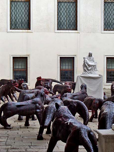 Chinese-artist-Liu-Ruo-Wang-Iron-Wolves Chinese artist Liu Ruo Wang Iron Wolves. At the center of the copy of Michelangelo's Pietà. They symbolize the art and religious persecution insecurity.