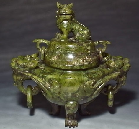 Chinese-Jade-Incense-Burner Chinese Jade Incense Burner, Shape of three foo lions