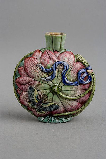 Chinese-snuff-bottle,-porcelain-moulded-in-relief Chinese snuff bottle, porcelain moulded in relief, painted decoration depicts the underside of a lotus flower,-Qing Dynasty;-ca.-1750