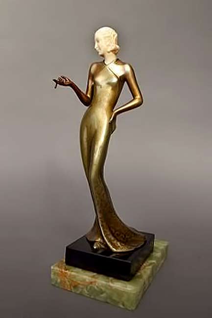 Chryselaphantine-Lady-by-Josef-Lorenzl.--stylish-lady-sculpture -Josef-Lorenzl.--stylish-lady-sculpture in gold gown
