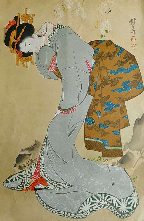 Japan-woodblock-print-Bijinga-woman Circa-1890-antique-japanese-woodblock-print-BIJINGA.-WOMAN-playing-with-a-CAT
