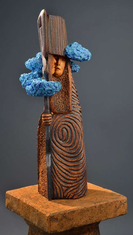 Clayton_Thiel_Stone_Sculptures_Truth-Sayer-34 Clayton Thiel_Stone_Sculptures Truth Sayer Shaman in spiral cape and blue clouds