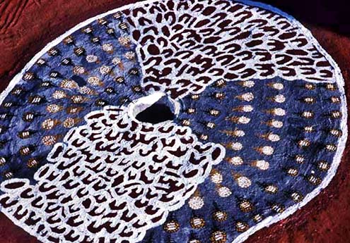 Close-up-of-the-Honey-Ant-Dreaming-ground-painting-- Honey Ant Dreaming ground painting