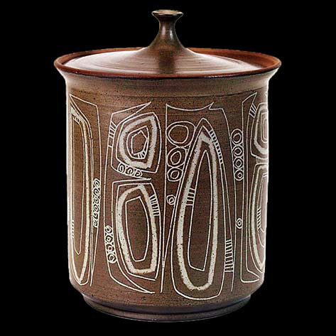 Clyde-Burt-ceramic-lidded-vessel Mid Century ceramic jar with lid and sgraffito motifs - Clyde Burt
