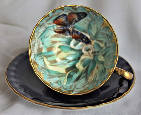 Butterfly-Tea-Cup-and-Saucer-Set Cobalt Aynsley English Bone China Hand Painted Butterfly Tea Cup and Saucer Set